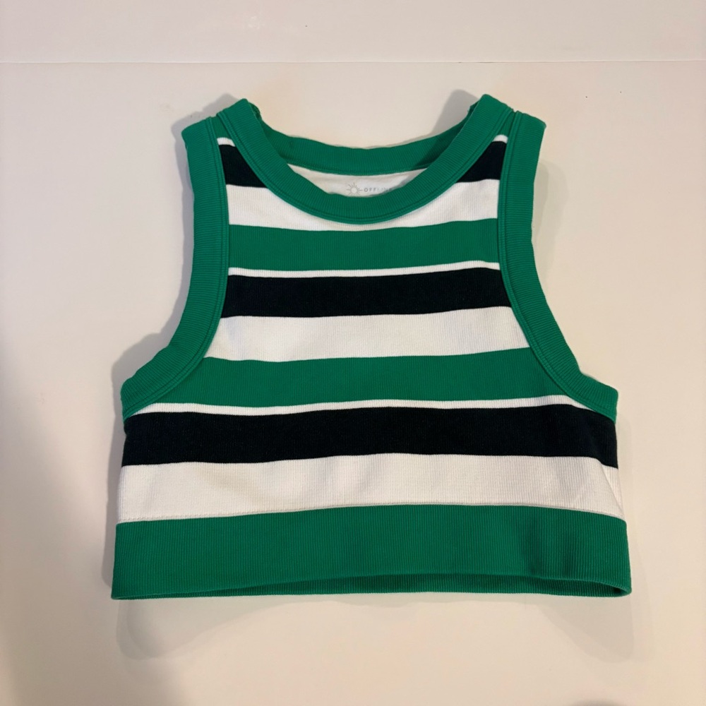 aerie Green Black White Striped Ribbed Crop Tank